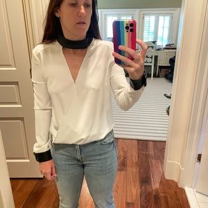 Leather and silk intermix top
